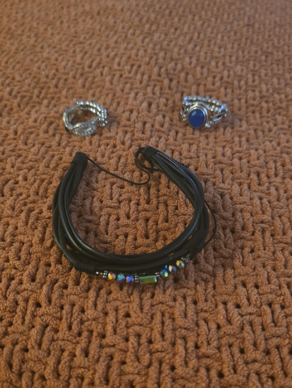 Black Multi-Strand Leather Bracelet with Iridescent Beads And 2 Stretch rings